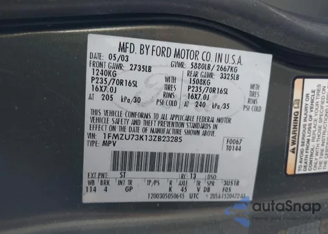 2003 Ford Explorer Nbx/Xlt z USA, uszkodzony, nr VIN 1FMZU73K13ZB23285